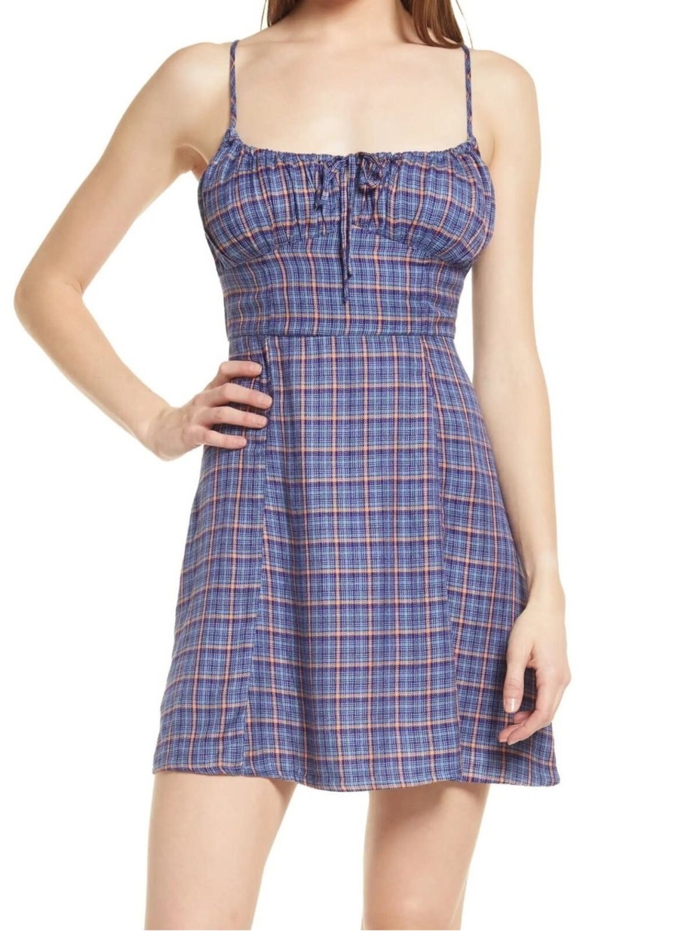 $69 Urban Outfitters Kamaryn Tie Front Plaid Mini Dress NWOT in Blue S